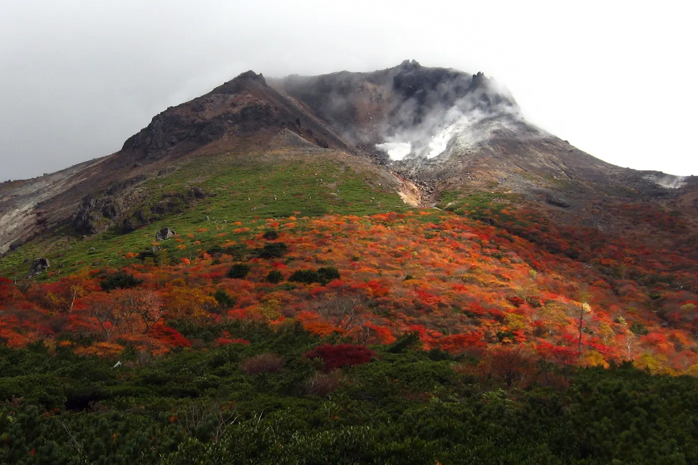 噴気を上げる茶臼岳と、ふもとの赤い紅葉